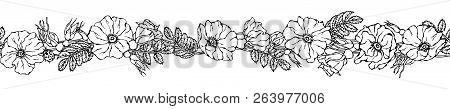 Endless Brush Border With Wild Roses. Summer Flowers Greeting Card Or Wedding Background. Hand Drawn