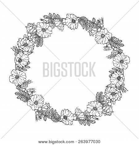 Round Frame With Wild Roses. Summer Flowers Greeting Card Or Wedding Background. Hand Drawn Illustra