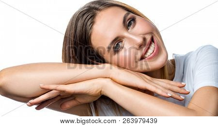 beauty portrait of attractive young caucasian smiling woman  isolated on white studio shot  lips toothy smile facer head and shoulders cheerful teeth neck hand looking at camera