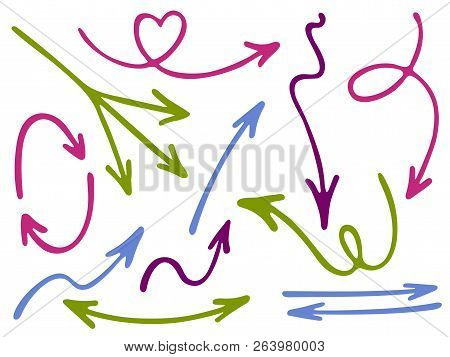 Hand Drawn Diagram Arrow Icons Vector Set. Up Down Pen Sketch Arrows, Right And Left Direction Point