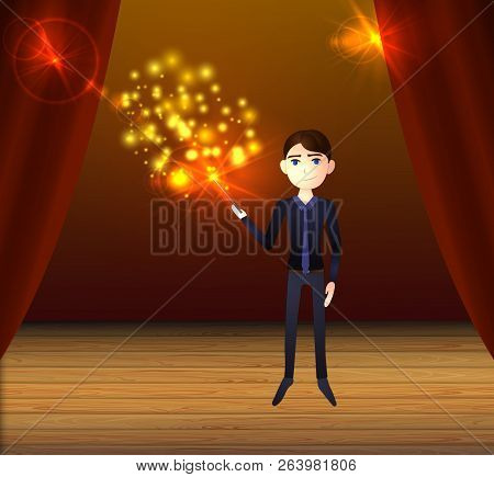 Vector Show Background, Man On The Stage Doing Magic, Cartoon Illustration.