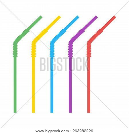 Colored Plastic, Corrugated, Curved Straws For Drinking Liquids. Vector Design Elements Isolated On 
