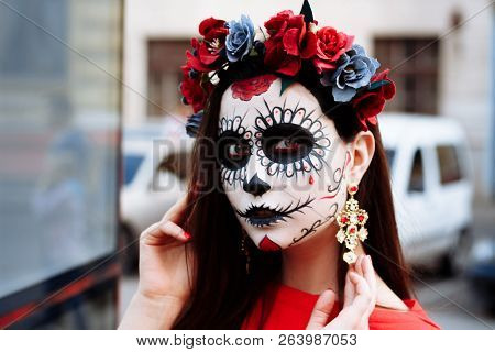 Portrait Of A Girl In The City With A Make-up, Make-up For Halloween, Day Of The Dead, Zombies. Dead