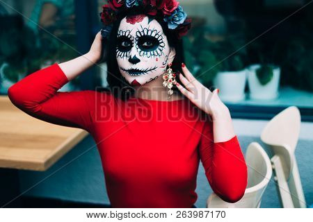 Portrait Of A Girl In The City With A Make-up, Make-up For Halloween, Day Of The Dead, Zombies. Dead