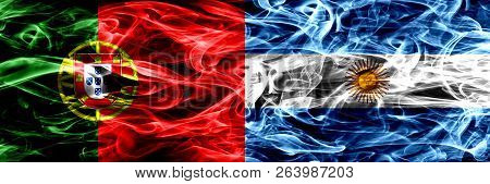 Portugal Vs Argentina, Argentinian Smoke Flags Placed Side By Side. Thick Colored Silky Smoke Flags 