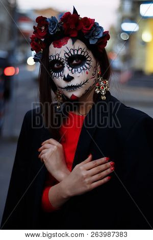Portrait Of A Girl In The City With A Make-up, Make-up For Halloween, Day Of The Dead, Zombies. Dead