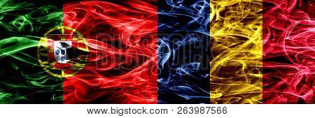 Portugal Vs Chad, Chadian Smoke Flags Placed Side By Side. Thick Colored Silky Smoke Flags Of Portug