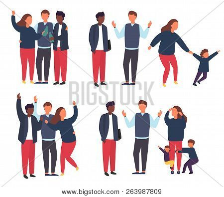 Family With Kids Vs Childless Couple. No Kids Family. Busy And Tired Parents With Naughty Children O