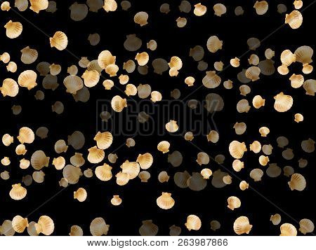 Gold Seashells Vector, Golden Pearl Bivalved Mollusks. Cartoon Scallop, Bivalve Pearl Shell, Marine 
