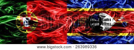Portugal Vs Swaziland, Swazi Smoke Flags Placed Side By Side. Thick Colored Silky Smoke Flags Of Por