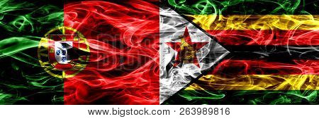 Portugal Vs Zimbabwe, Zimbabwean Smoke Flags Placed Side By Side. Thick Colored Silky Smoke Flags Of