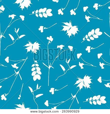 Vector Cute Cyanotype Seamless Flower Pattern. Big Set Of Cyanotype Floral Elements. Can Be Used For