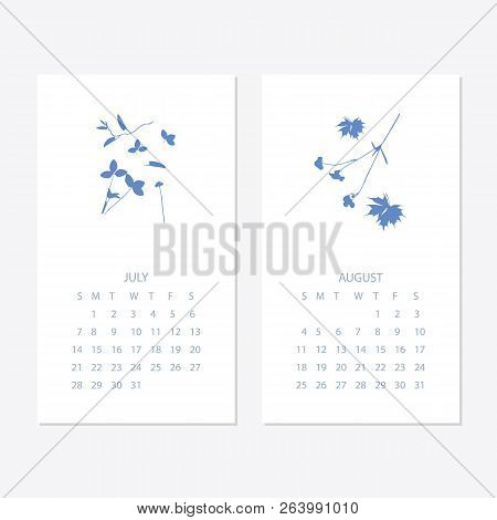 Vector Of 2019 New Year Calendar With Plants On Cyanotype Texture. Holiday Event Planner. Week Start