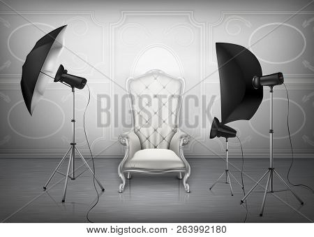 Vector Background, Photo Studio With Empty Luxury Armchair And Wall With Decorative Ornament, Light 