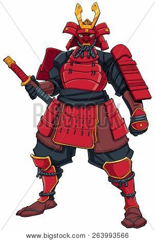 Full-length Illustration Of Powerful Samurai Warrior Ready For Battle.