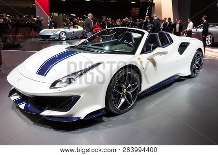 Paris - Oct 2, 2018: Ferrari 488 Pista Spider Sports Car Showcased At The Paris Motor Show.