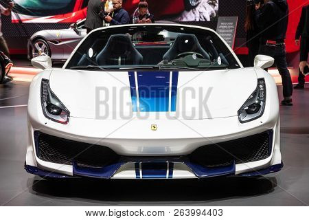 Paris - Oct 2, 2018: Ferrari 488 Pista Spider Sports Car Showcased At The Paris Motor Show.