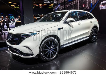Paris - Oct 2, 2018: Mercedes Eqc 400 4matic Electric Suv Car Showcased At The Paris Motor Show.
