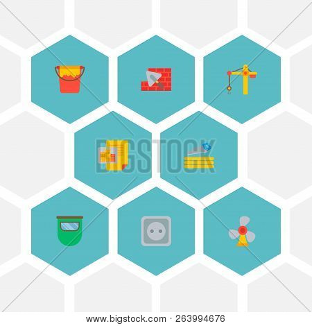 Set Of Construction Icons Flat Style Symbols With Crane Tower, Paint Bucket, Wind Turbine And Other 