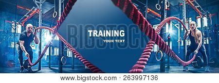 Collage About Man And Woman With Battle Ropes Exercise In The Fitness Gym. Crossfit Concept. Gym, Sp