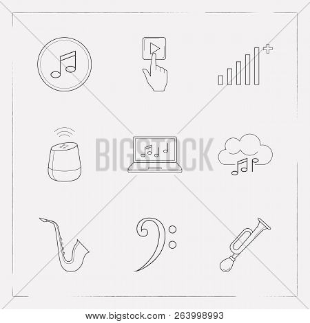 Set Of Music Icons Line Style Symbols With Bass Clef, Smart Speaker, Cursor On Play Button And Other