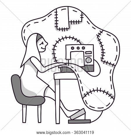 Smiling Woman Sews An Abstract Fabric With Patches On A Sewing Machine. Seamstress At Work.line Art.