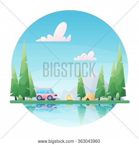 Sunny Day Landscape Illustration In Flat Style With Tent, Campfire, Mountains, Forest And Water.