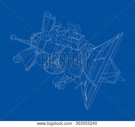 Communication Satellite Concept Outline. Vector Rendering Of 3d. Wire-frame Style. The Layers Of Vis