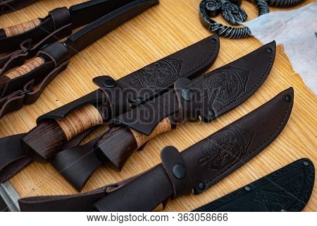 Ryazan, Russia - July 27, 2019: Knives In A Leather Case On A Blacksmith Festival