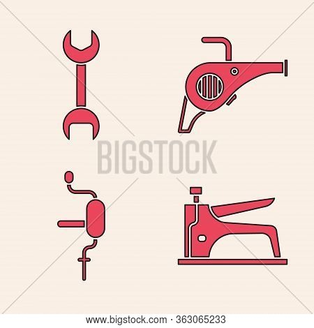 Set Construction Stapler, Wrench Spanner, Leaf Garden Blower And Hand Drill Icon. Vector
