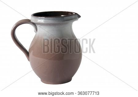 Brown Glossy Jug With Handle Isolated On White Background.