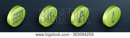 Set Isometric Binary Code, Target Sport, Safe Combination Lock And Bullet Icon. Vector