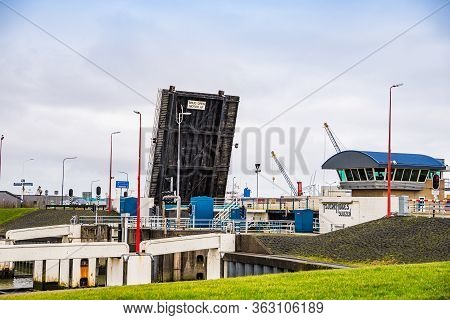 Harlingen, Netherlands - January 10, 2020. Lock Chamber As A Part Of The Road N393