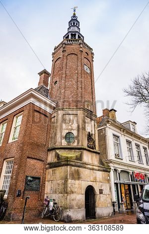 Harlingen, Netherlands - January 10, 2020. Tower Of City Hall With Many Bells
