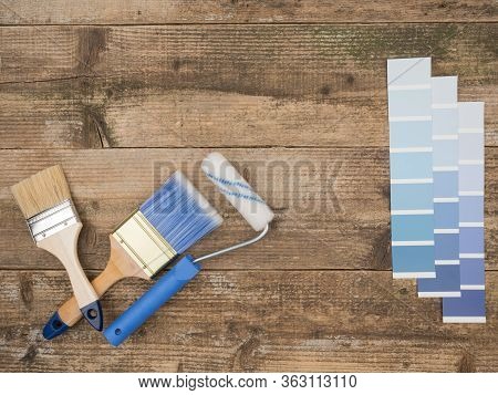Paint Tool And Blue Color Palette. The Concept Of Repair And Color Matching. The View From The Top. 