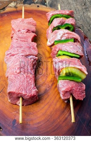 delicious raw meat skewer, beef