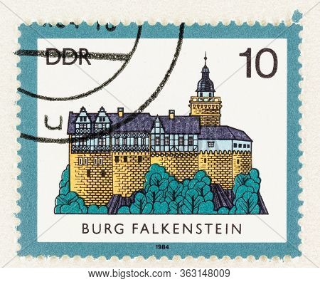 Seattle Washington - April 25, 2020: 1984 East Germany Postage Stamp Featuring Falkenstein Castle.  