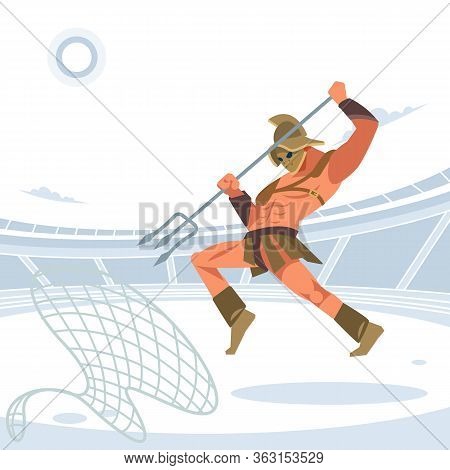 Warrior Retiarius Gladiator In The Arena With A Grid And A Trident Jumps On The Caught Enemy. Vector