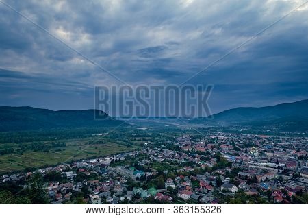 Top View On The Evening City Of Khust, Transcarpathia Ukraine.