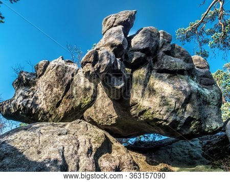 Unique sandy rock formation within the Errant Rocks of the Table Mountain National Park, Poland