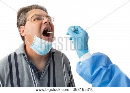A Male Patient Receives A Pcr Throat Swab For Respiratory Viruses Influenza Or For Testing Of Covid-
