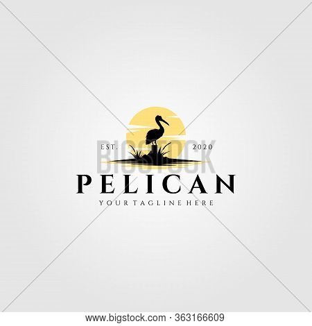 Pelican Bird Logo Vintage With Sun Background Vector Illustration Design