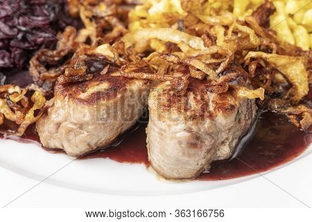 Closeup Of Swabian Pork Fillets With Spaetzle On A Plate