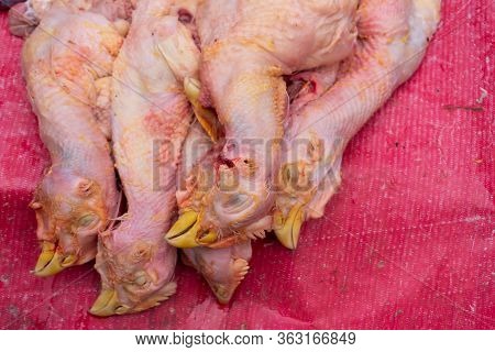 Chicken Flesh Put Up On Roadside Display For Sale. At Territy Bazar, Kolkata, West Bengal, India.