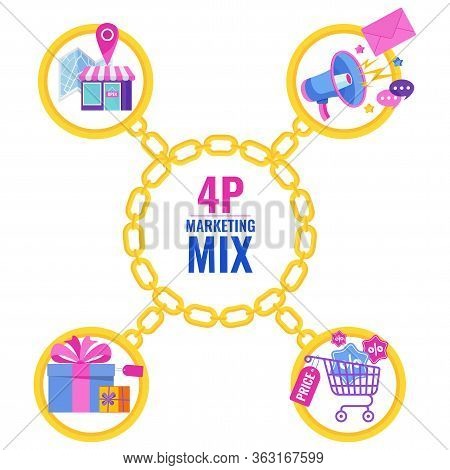Four 4 Ps Marketing Mix. Link Of Chains Infographic Flat Vector Illustration Scheme. Strategy And Ma