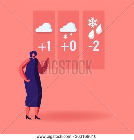 Television Anchorwoman Character At Studio Forecast Weather During Live Broadcasting. Woman Meteorol