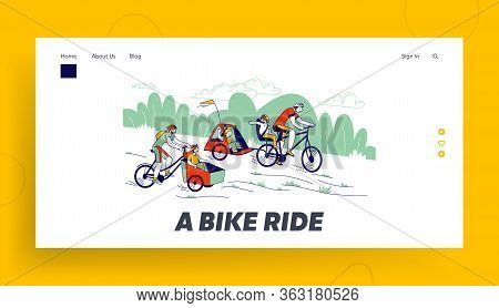 Happy Family Riding In Park Landing Page Template. Y Characters Riding Bicycles With Children Sittin