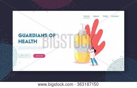 Precautionary Hygienic Measures Landing Page Template. Doctor Character In Mask At Huge Sanitizer Bo
