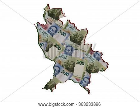 Mexican Banknotes Forming And The Map Of Nayarit State And White Background