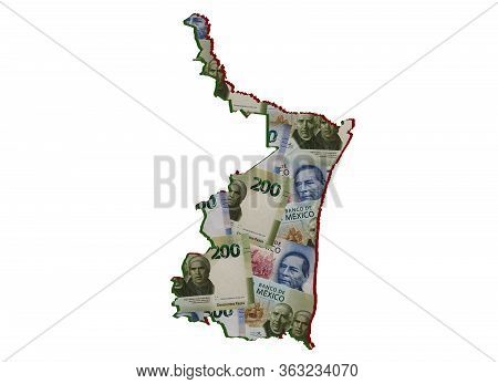 Mexican Banknotes Forming And The Map Of Tamaulipas State And White Background